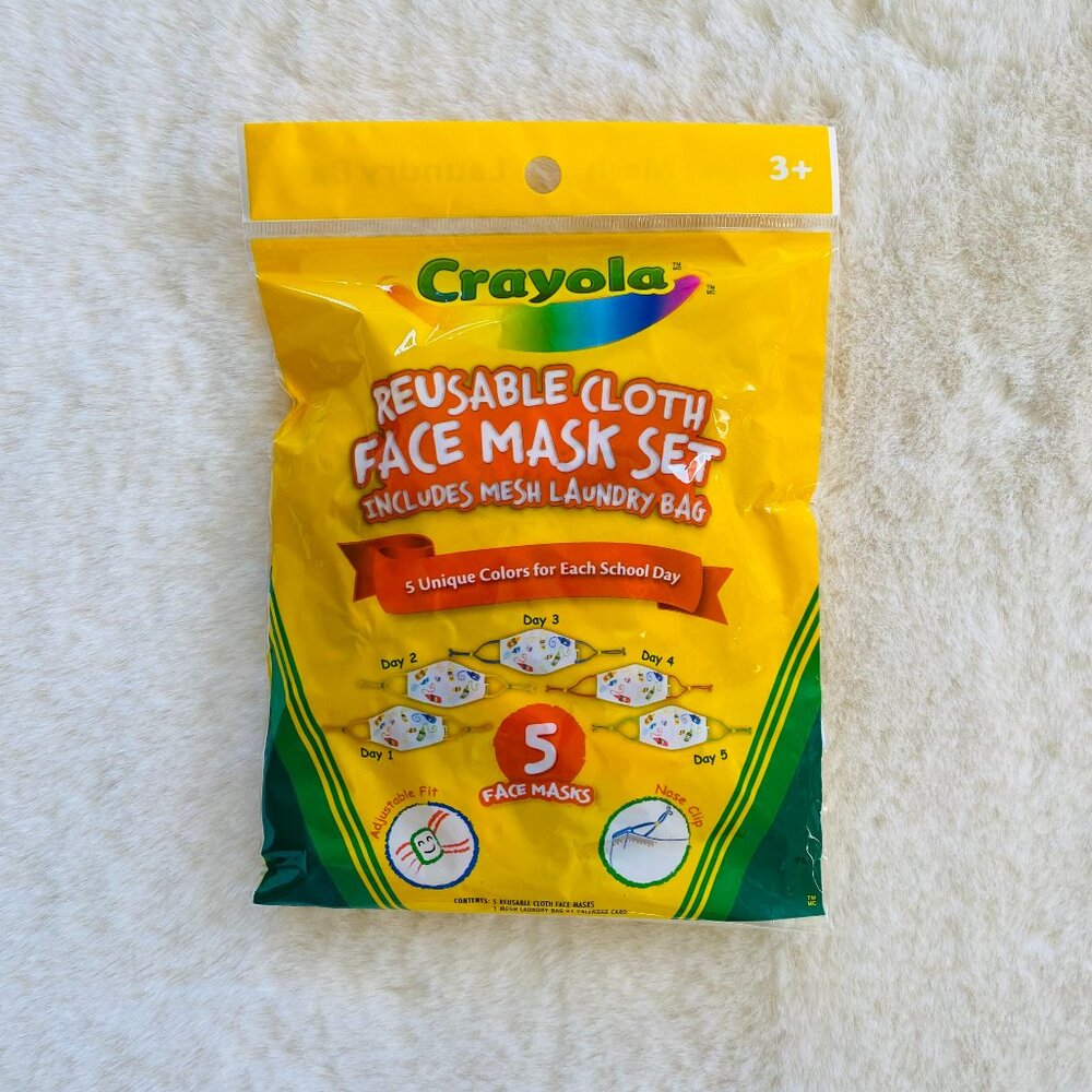 Crayola Kids Reusable Cloth Face Mask 5pk Set Multicolor w/Wash Bag NEW